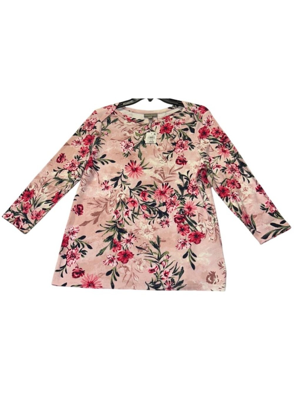 Style & Co Womens Size L Floral 3/4th Sleeve Top Pink & Red New With Tags